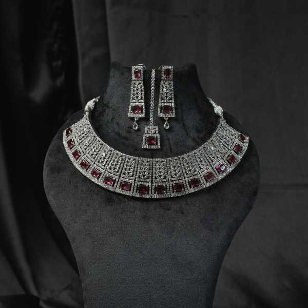 Silver Finish Ruby Red Stone Choker Necklace Set