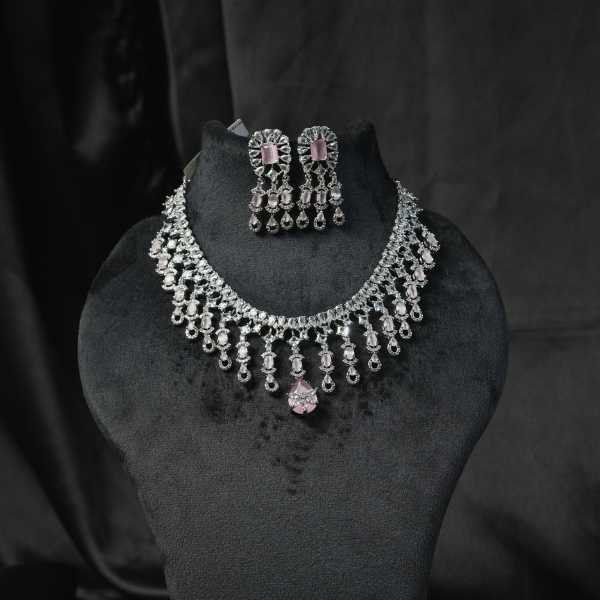 Silver Finish Ad Pink Stones Necklace Set